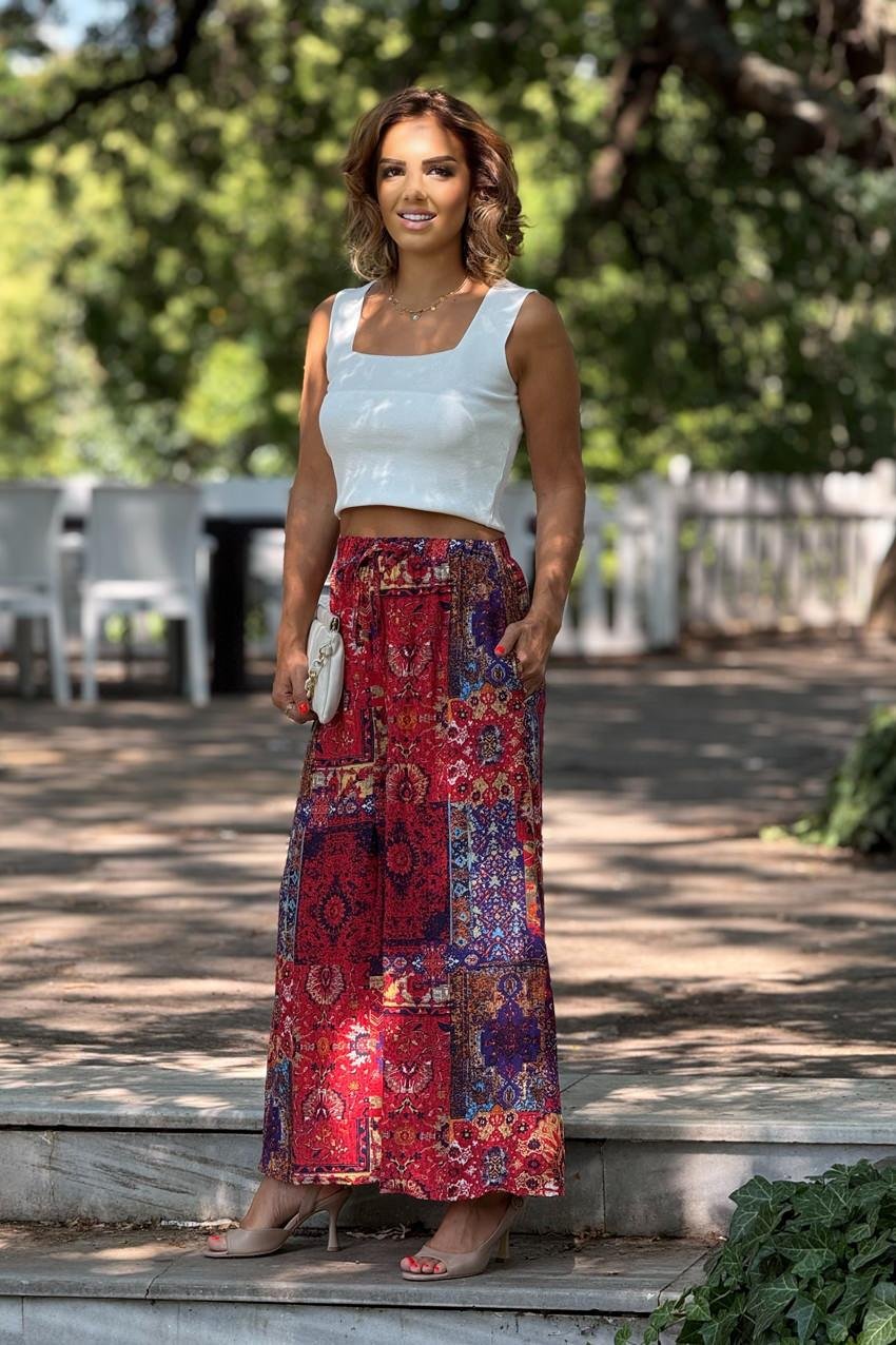 İTALYAN Kırmızı Amber Desenli  %100 Pamuk Viskon Pantolon