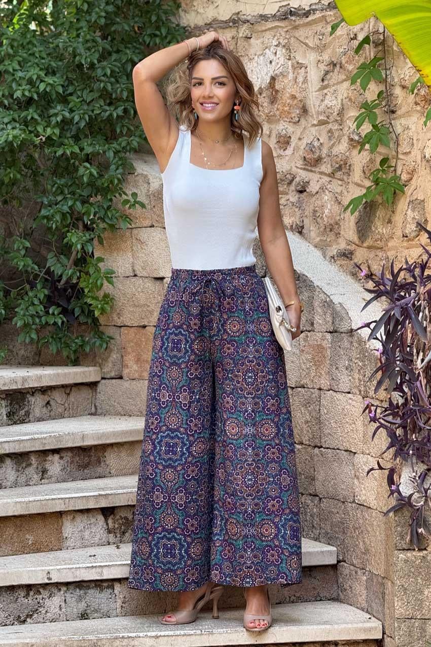 İTALYAN Lacivert Çini Desenli %100 Pamuk Viskon Pantolon
