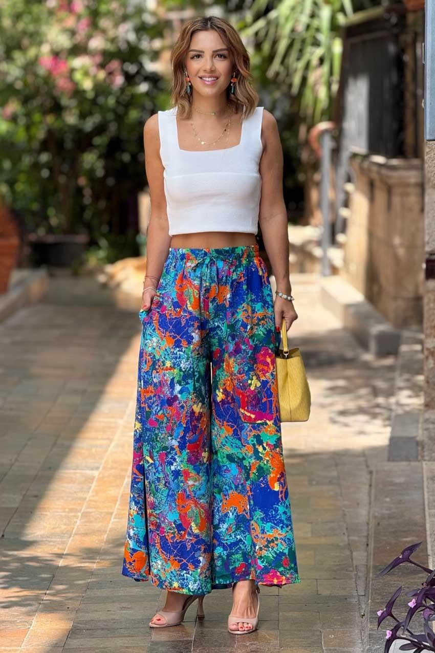 İTALYAN Mavi Boya Desenli %100 Pamuk Viskon Pantolon