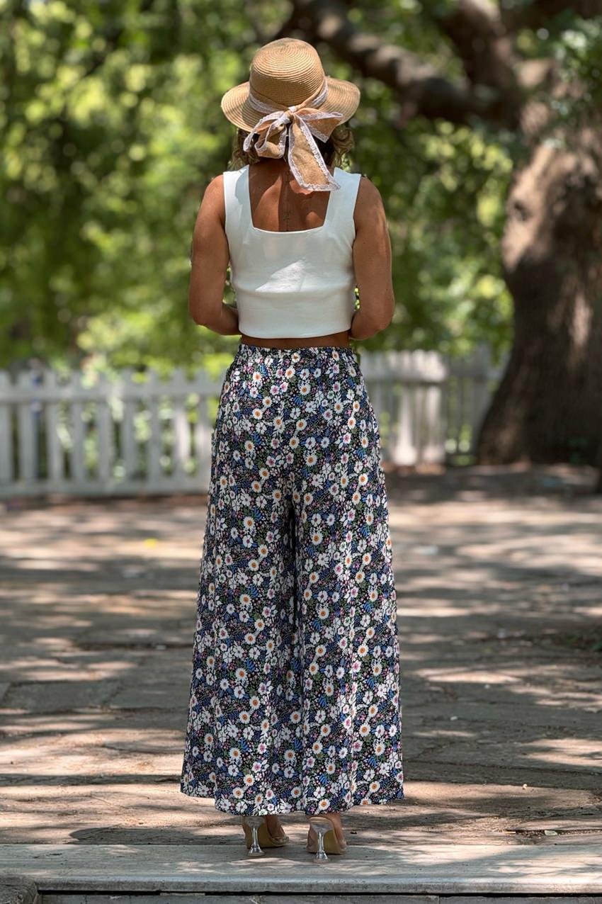 İTALYAN Mavi Kiraz Çiçeği Desenli %100 Pamuk Viskon Pantolon