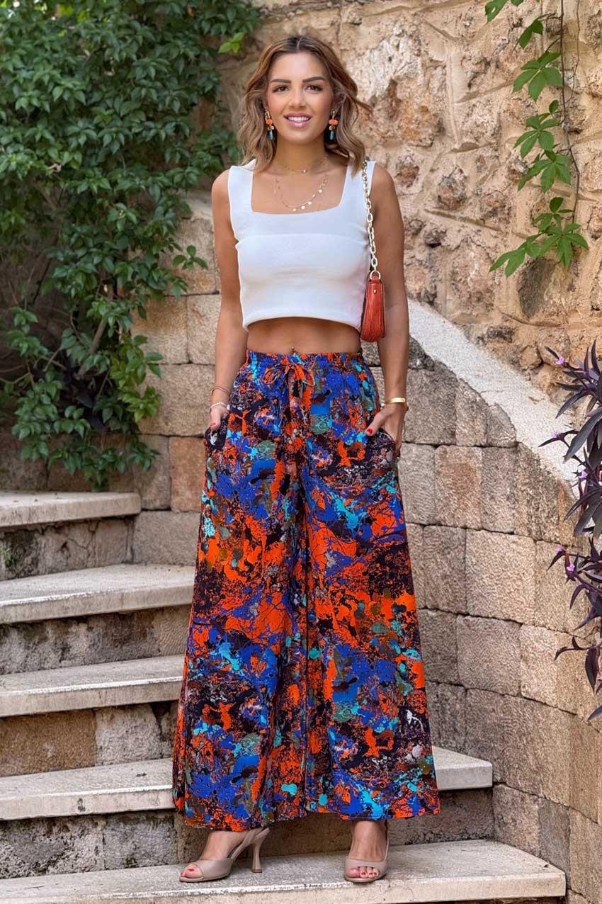 İTALYAN Siyah Boya Desenli %100 Pamuk Viskon Pantolon
