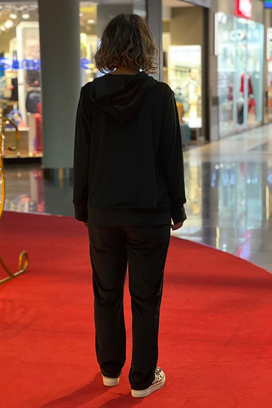 Kadife Siyah Taşlı Eşofman Takım