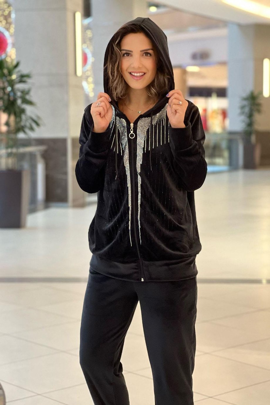 Kadife Siyah Taşlı Eşofman Takım