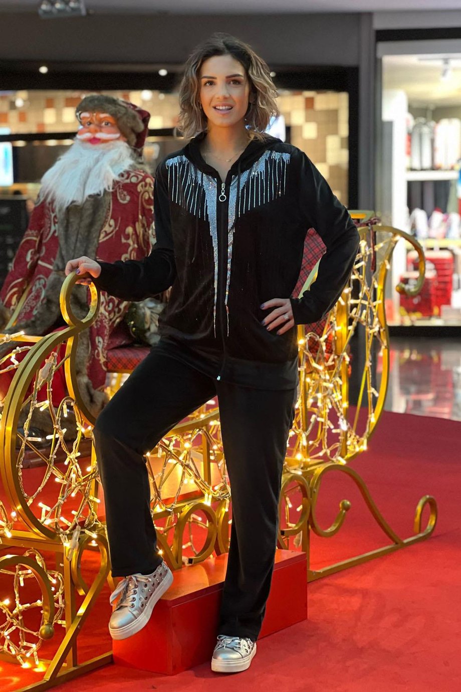 Kadife Siyah Taşlı Eşofman Takım