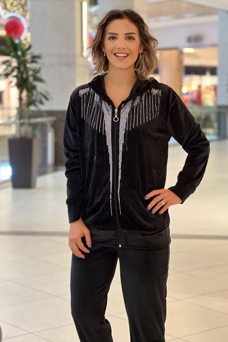 Kadife Siyah Taşlı Eşofman Takım