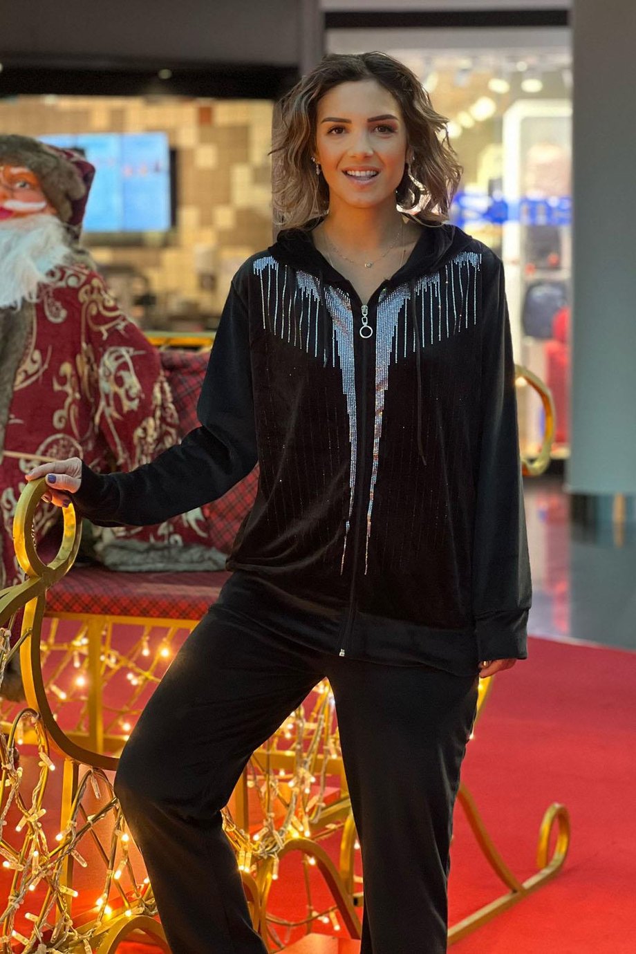 Kadife Siyah Taşlı Eşofman Takım