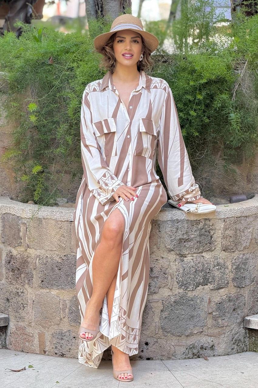 Kahve Geometrik Desenli %100 Pamuk Viskon Gömlek Elbise