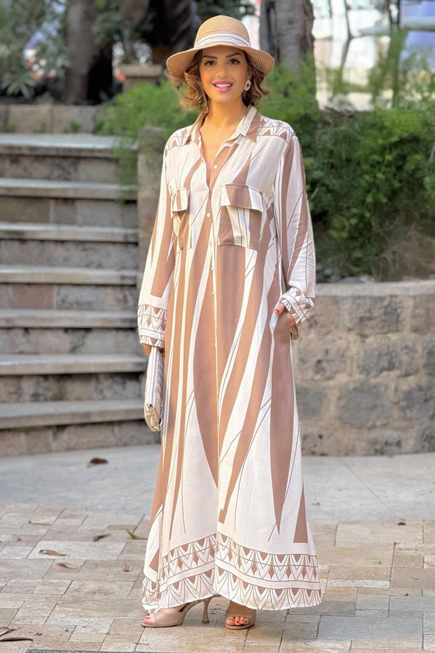 Kahve Geometrik Desenli %100 Pamuk Viskon Gömlek Elbise
