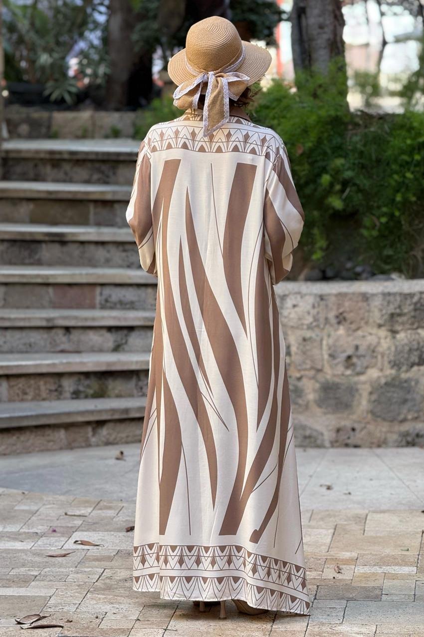 Kahve Geometrik Desenli %100 Pamuk Viskon Gömlek Elbise