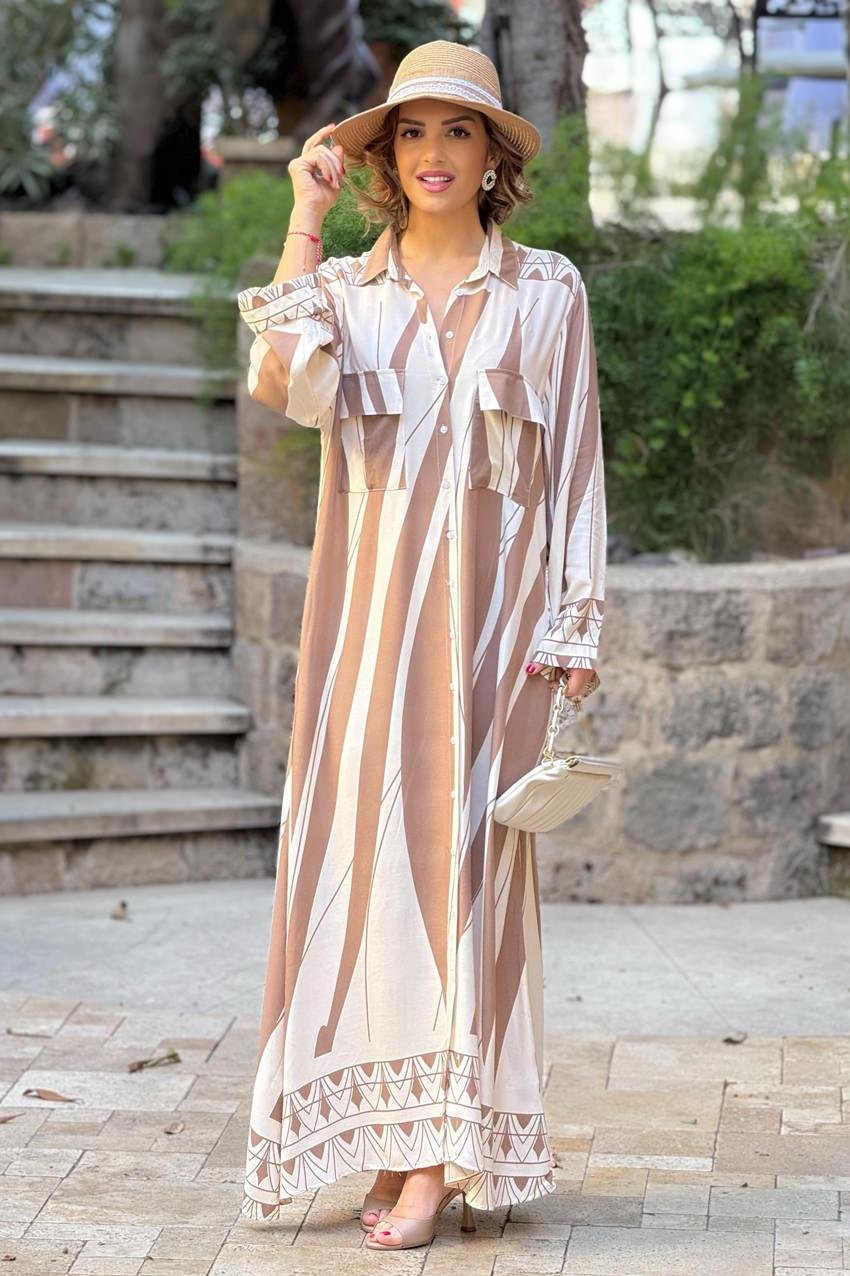 Kahve Geometrik Desenli %100 Pamuk Viskon Gömlek Elbise