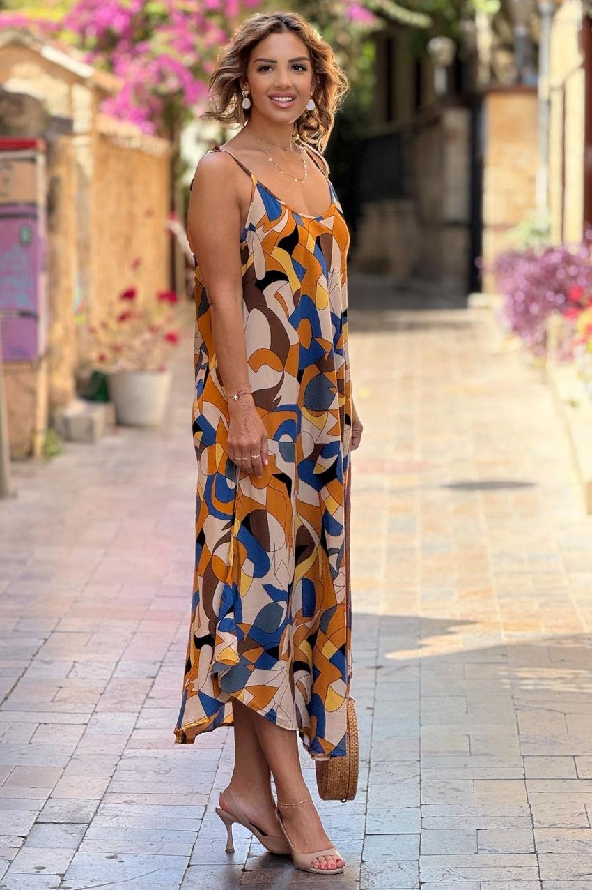 Kahve Kleopatra Desenli Omuzları Bağlamalı Askılı Elbise