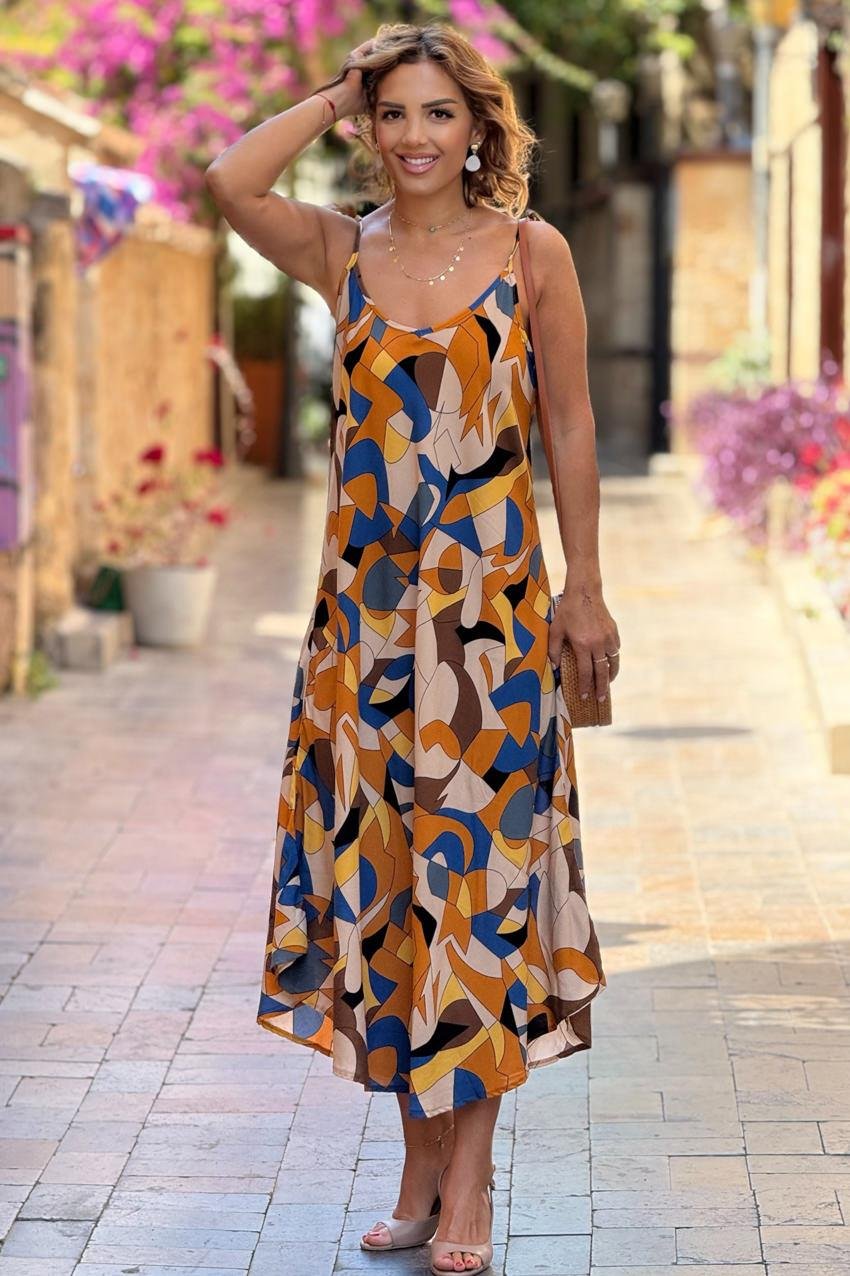 Kahve Kleopatra Desenli Omuzları Bağlamalı Askılı Elbise
