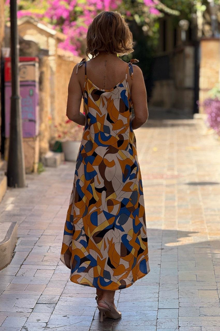 Kahve Kleopatra Desenli Omuzları Bağlamalı Askılı Elbise