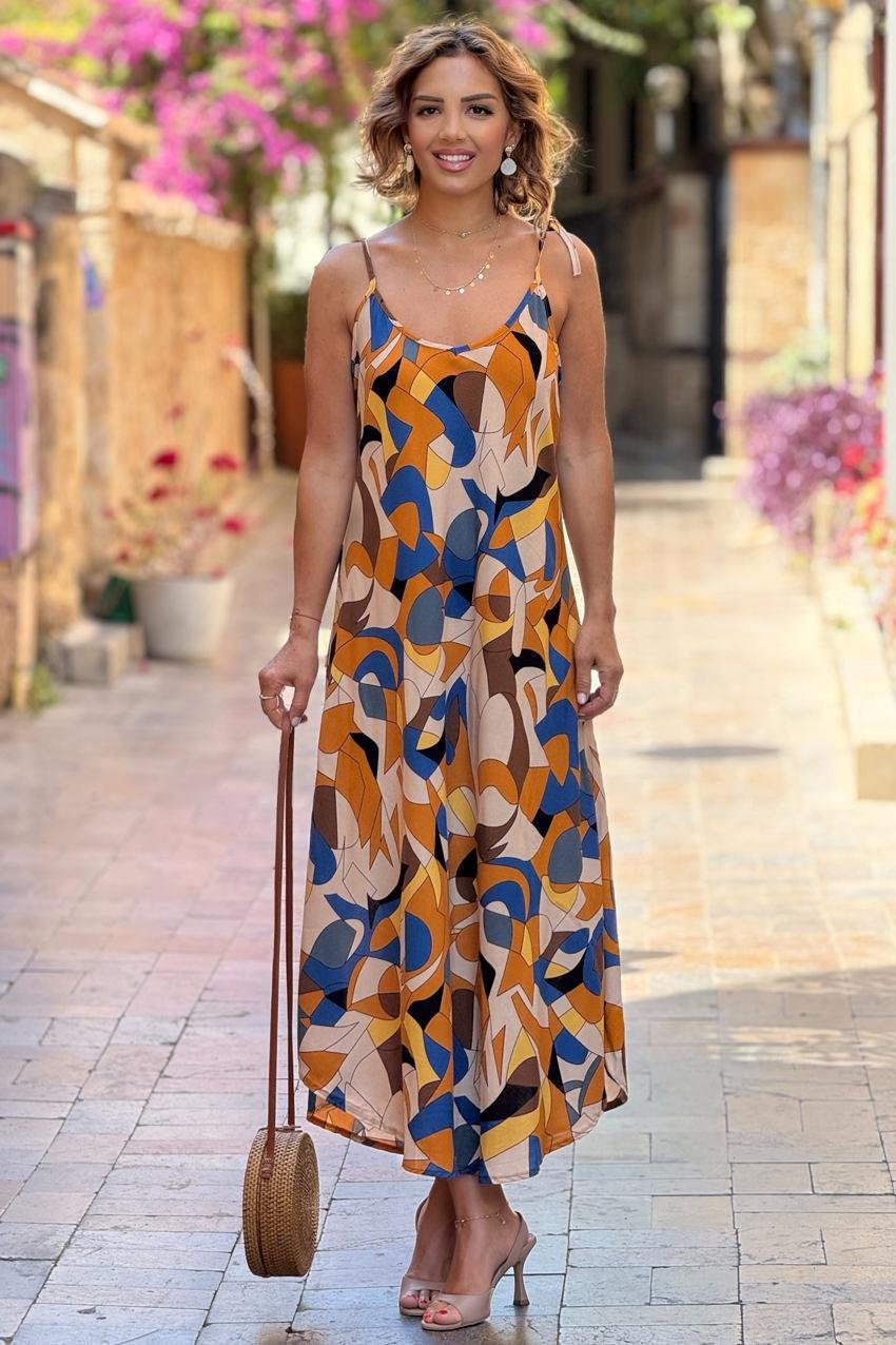 Kahve Kleopatra Desenli Omuzları Bağlamalı Askılı Elbise