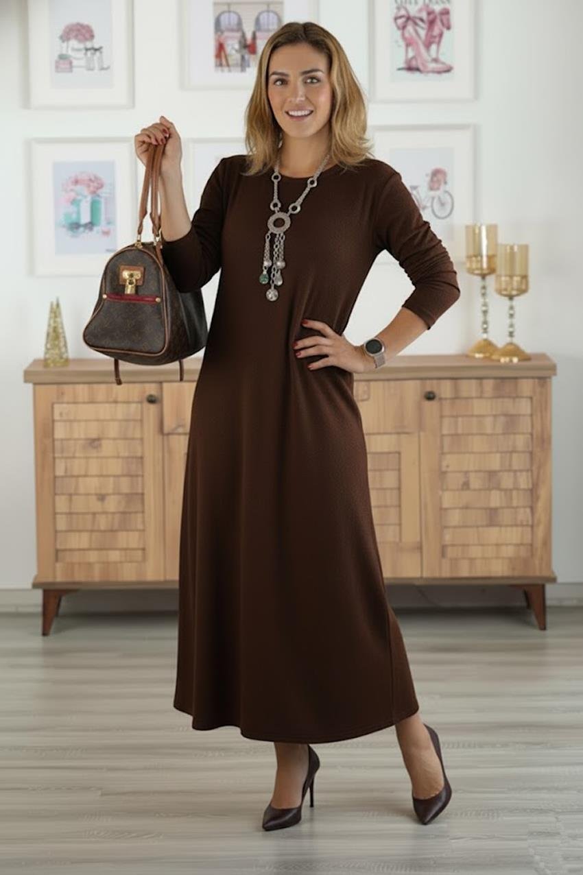 Kahverengi Angora Yumuşacık Yün Viskon Elbise
