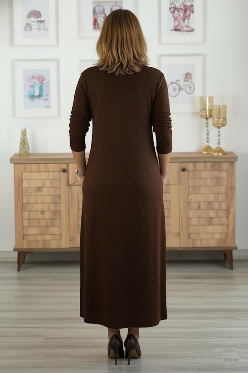 Kahverengi Angora Yumuşacık Yün Viskon Elbise
