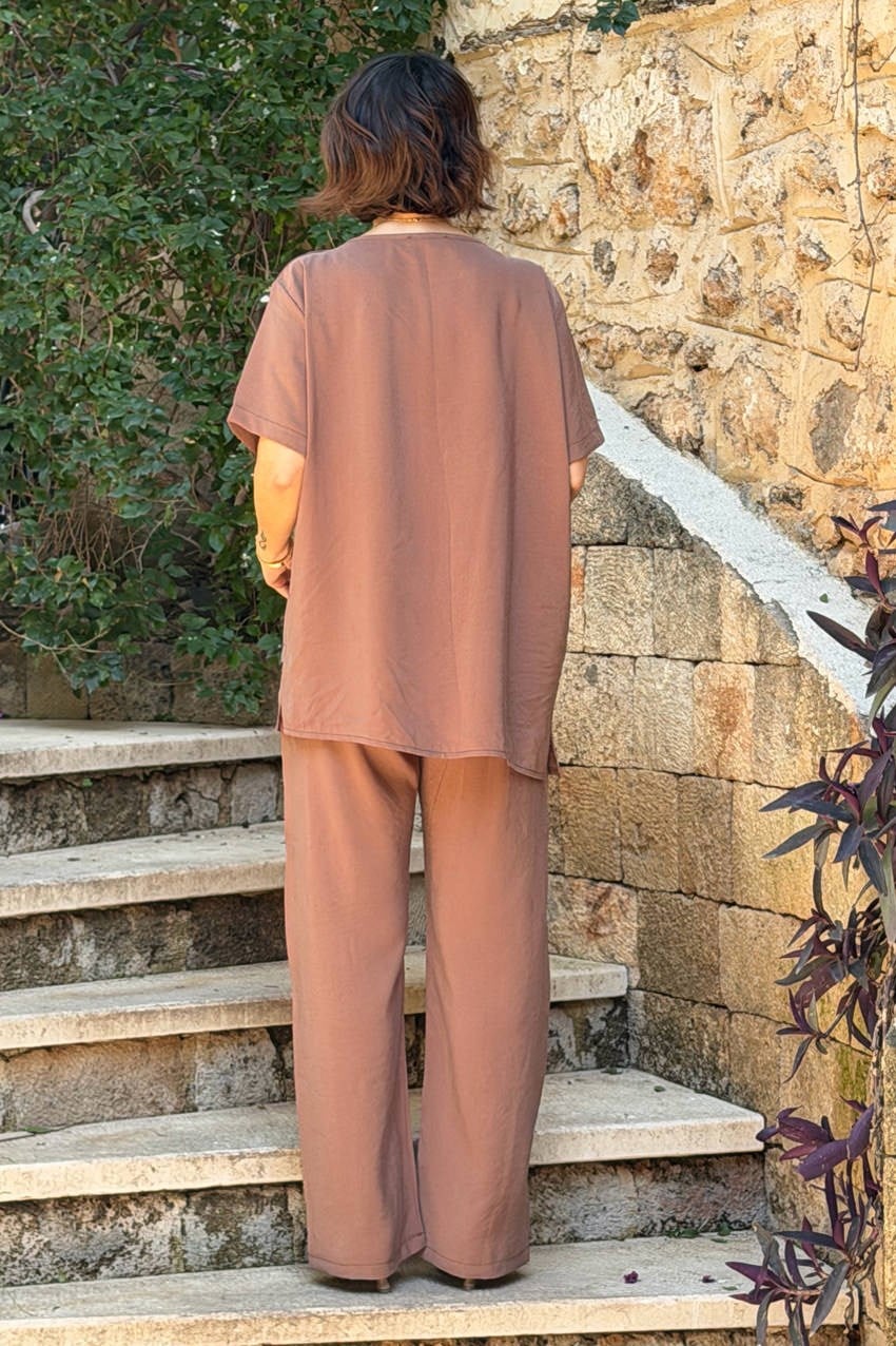 Kahverengi Batik Pantolon Bluz İkili Takım