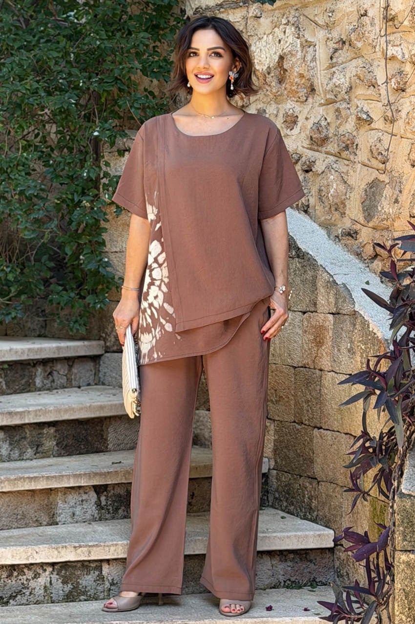 Kahverengi Batik Pantolon Bluz İkili Takım