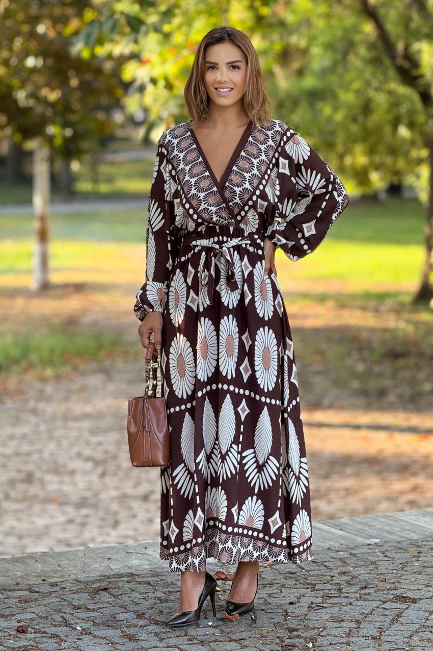 Kahverengi Boho Desenli Kruvaze Yaka Elbise