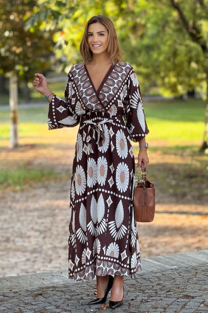 Kahverengi Boho Desenli Kruvaze Yaka Elbise