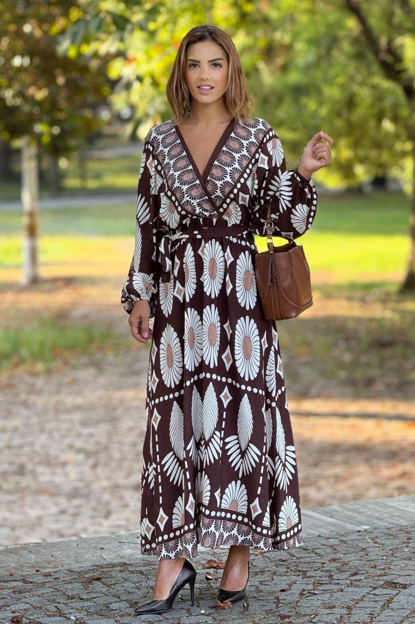 Kahverengi Boho Desenli Kruvaze Yaka Elbise