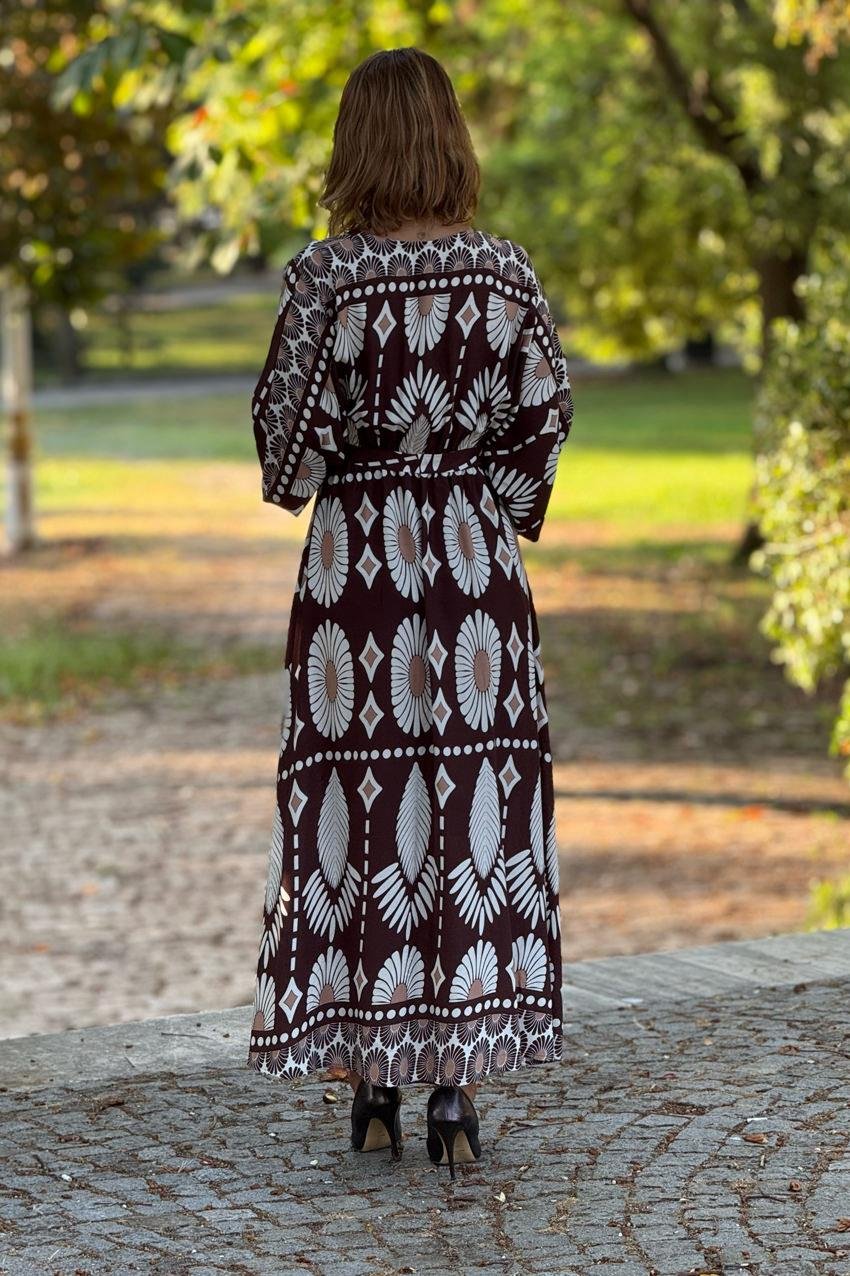 Kahverengi Boho Desenli Kruvaze Yaka Elbise