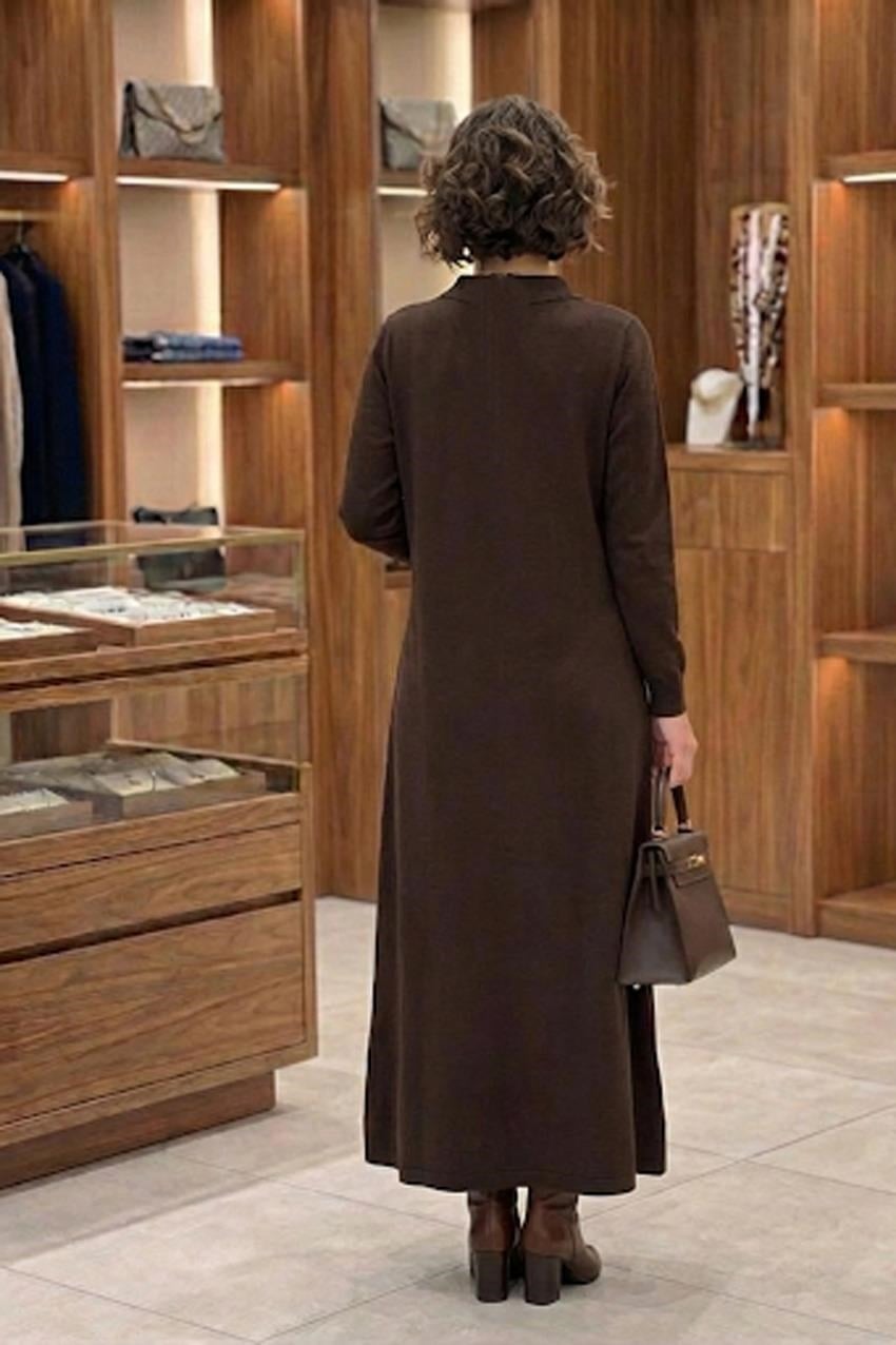 Kahverengi Elegance Modal Kumaş Fermuar Detaylı Elbise