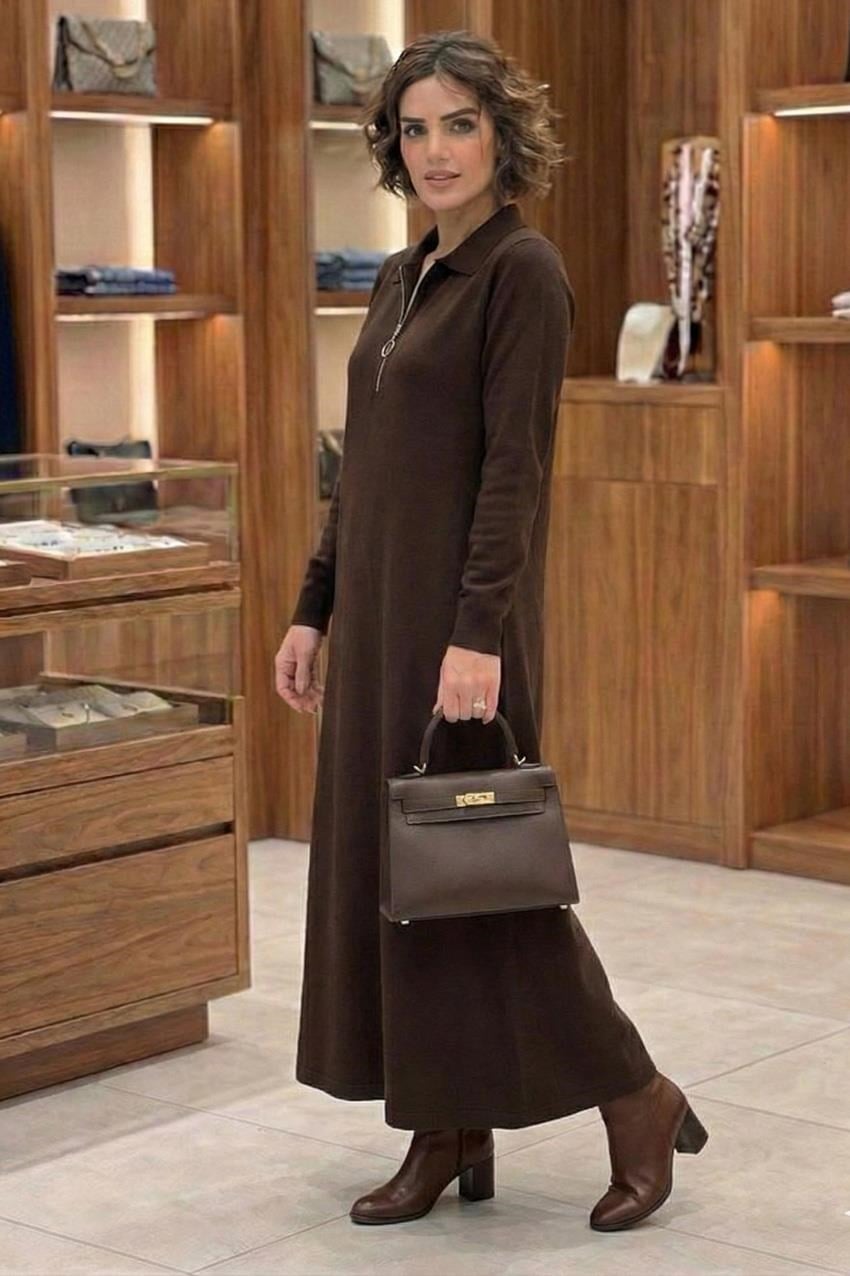 Kahverengi Elegance Modal Kumaş Fermuar Detaylı Elbise