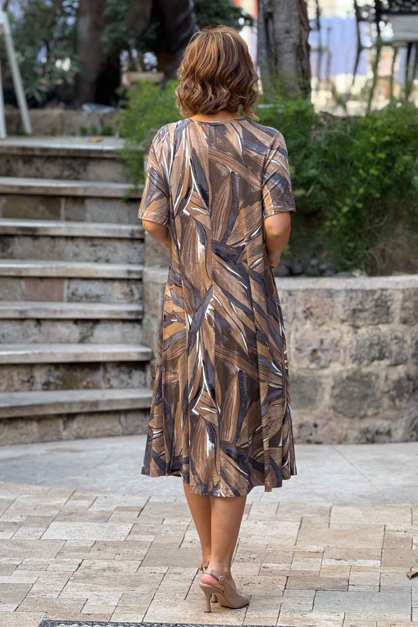 Kahverengi Fırtına Desenli V Yaka Pamuklu Elbise