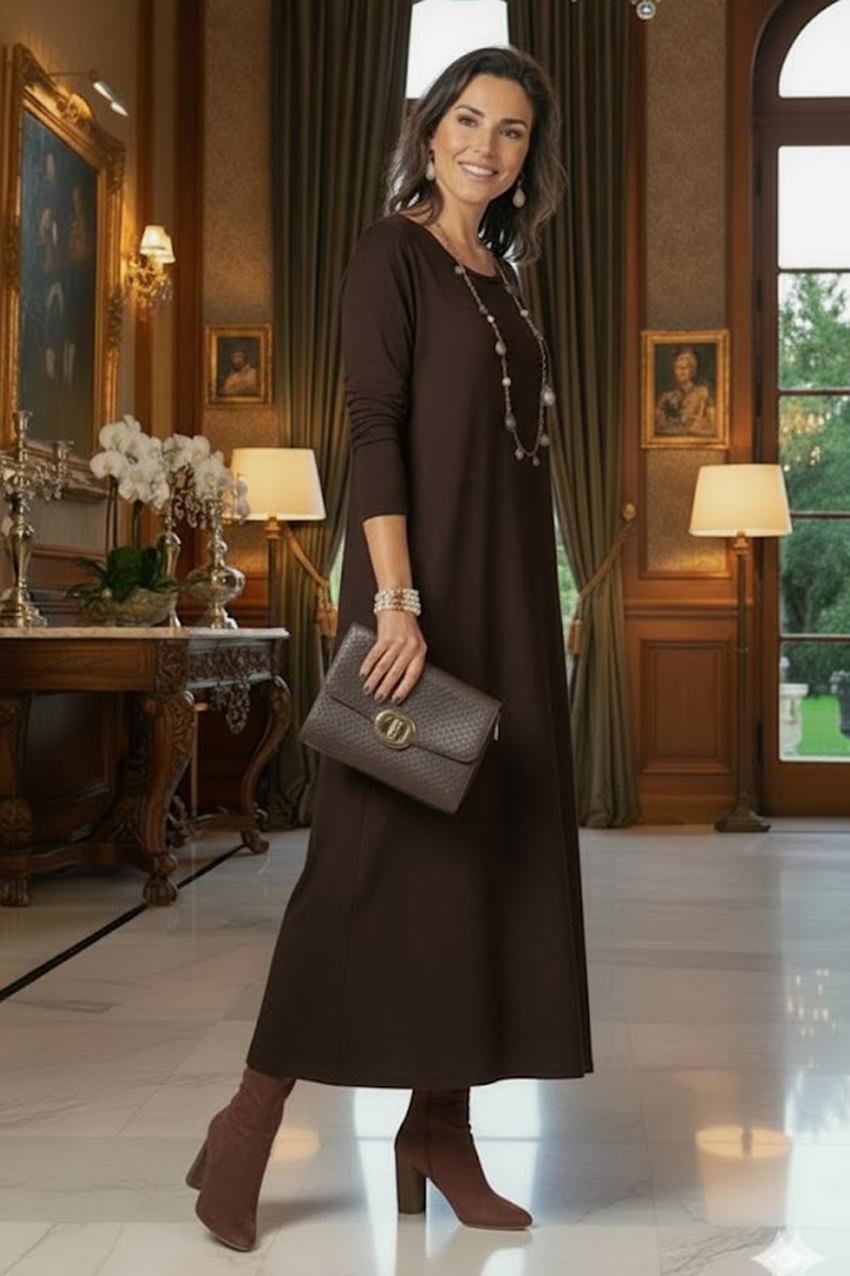 Kahverengi Gizli Cepli İnce Gösteren Tok Penye Elbise