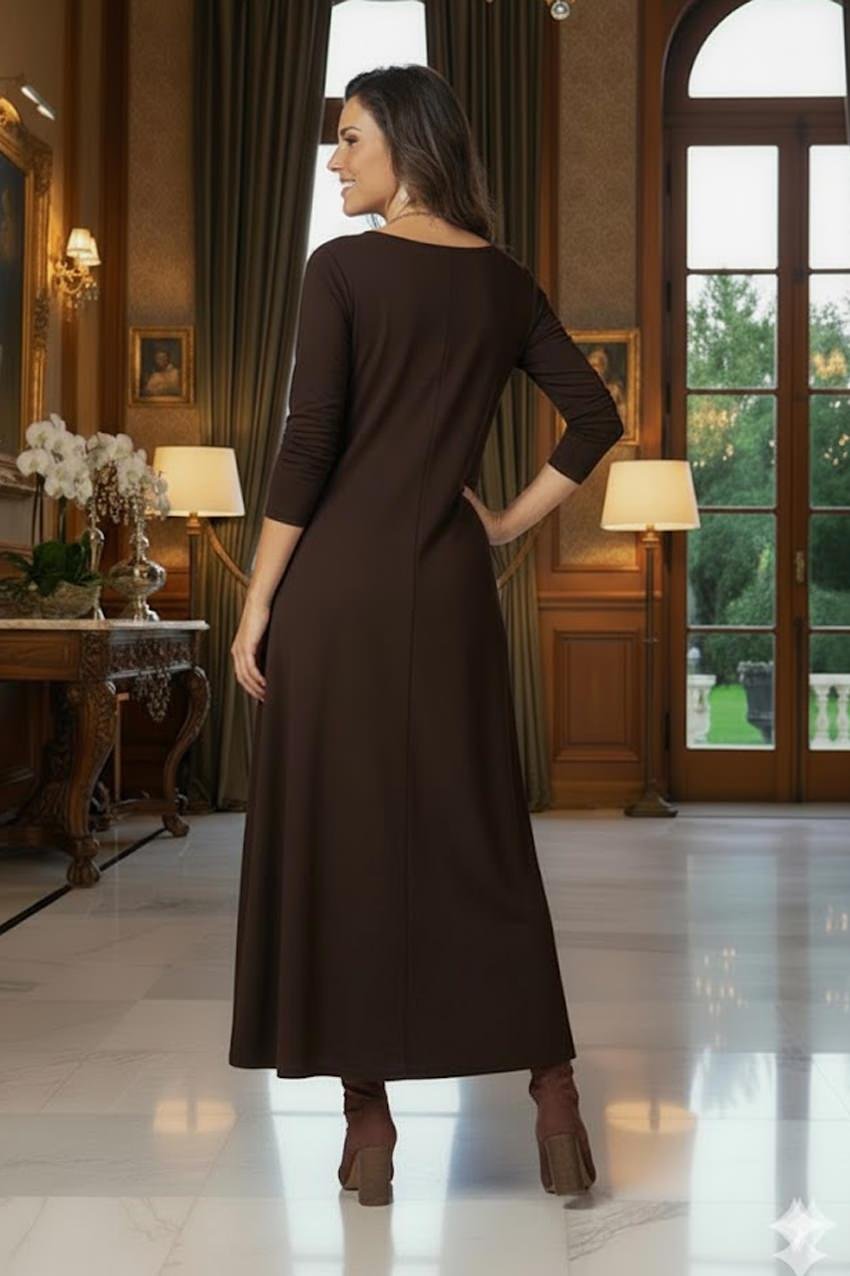Kahverengi Gizli Cepli İnce Gösteren Tok Penye Elbise