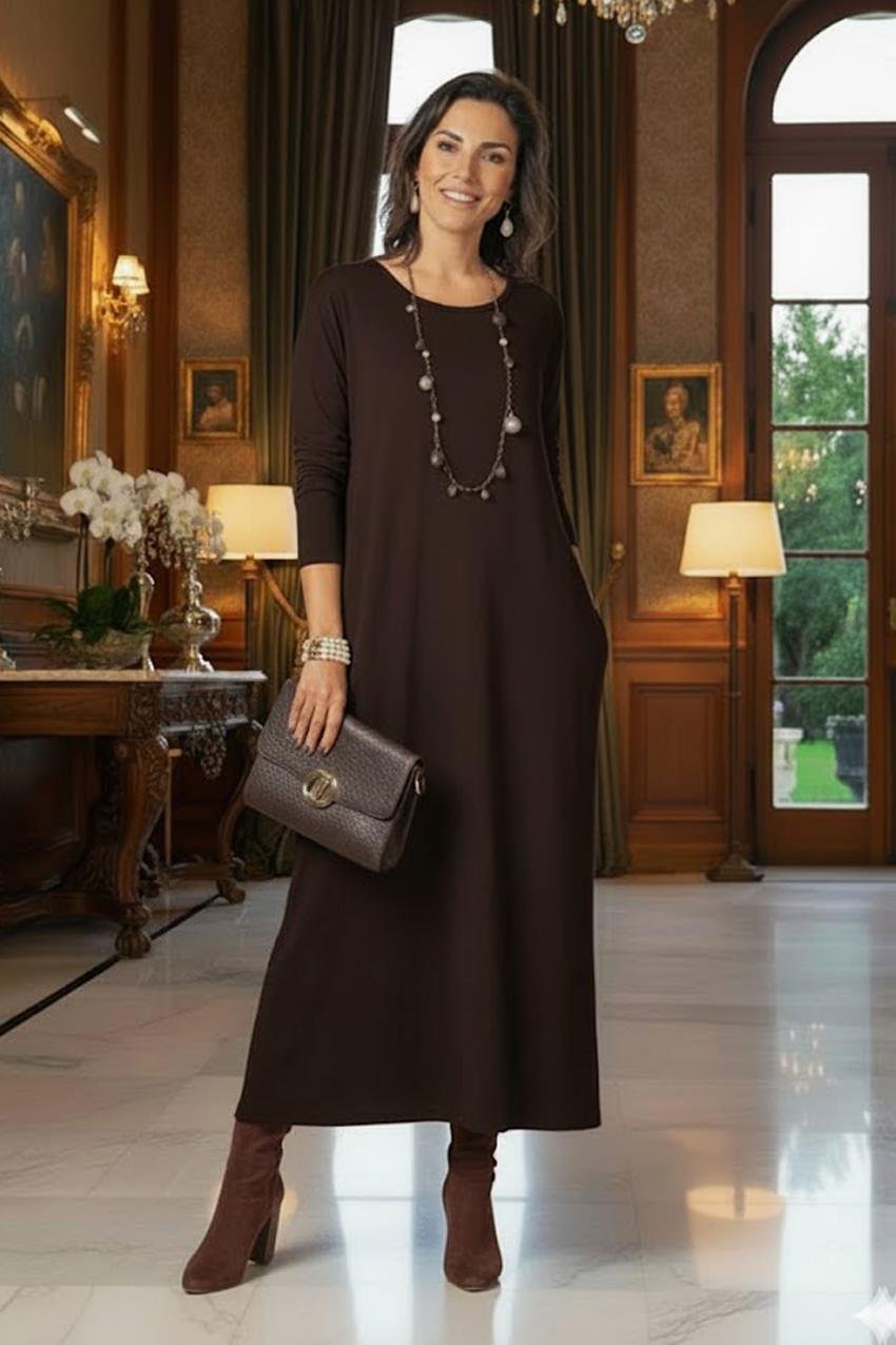 Kahverengi Gizli Cepli İnce Gösteren Tok Penye Elbise