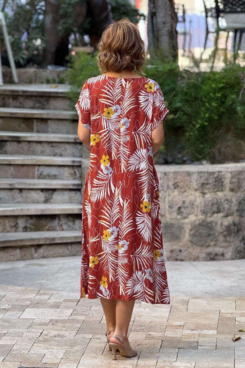 Kahverengi Halka Detaylı Çiçekli %100 Pamuk Viskon Elbise