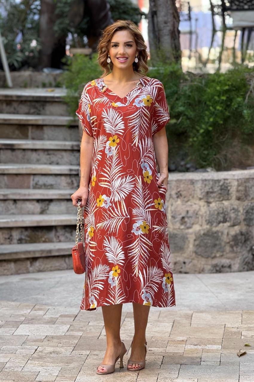 Kahverengi Halka Detaylı Çiçekli %100 Pamuk Viskon Elbise