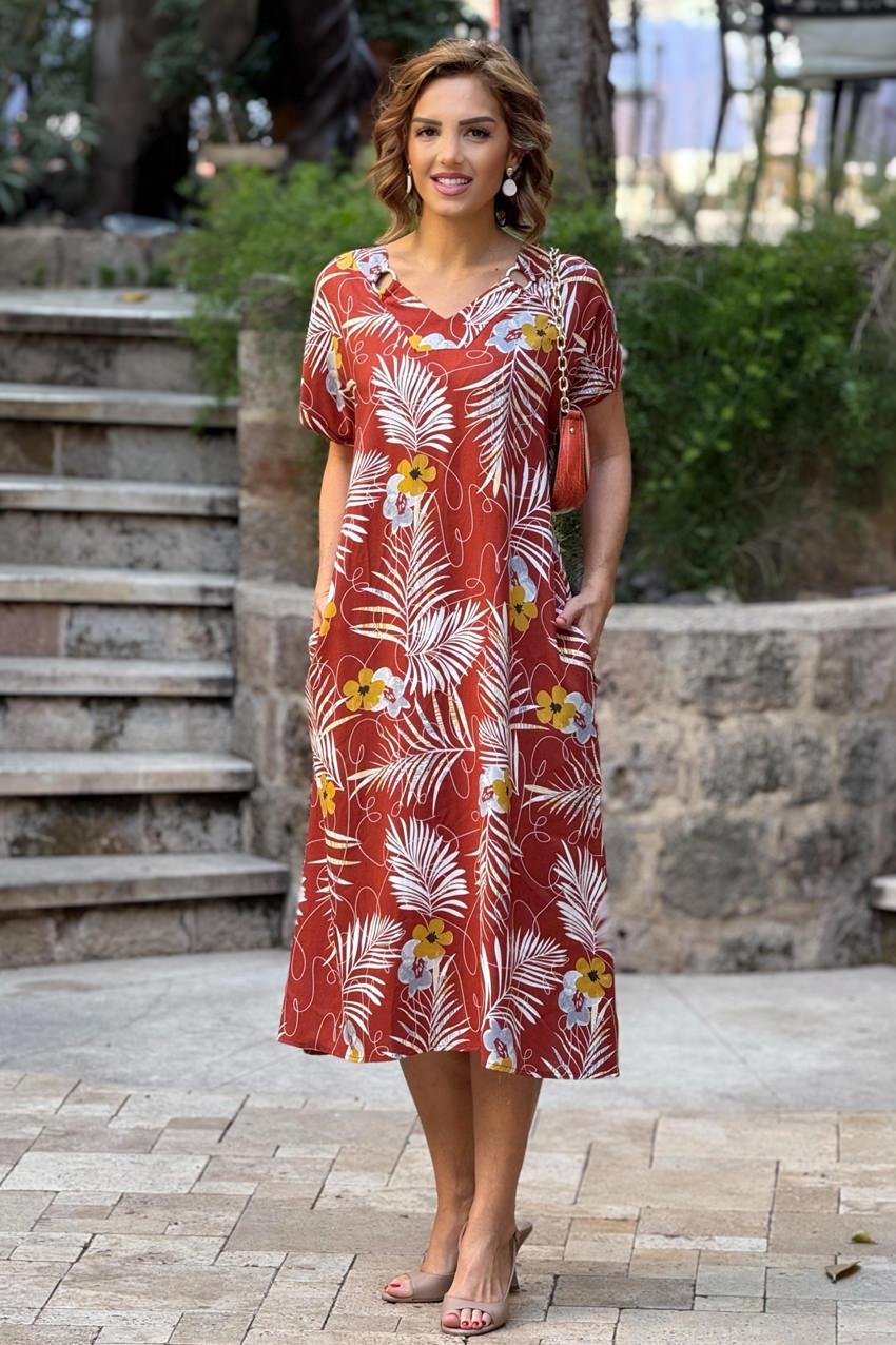 Kahverengi Halka Detaylı Çiçekli %100 Pamuk Viskon Elbise