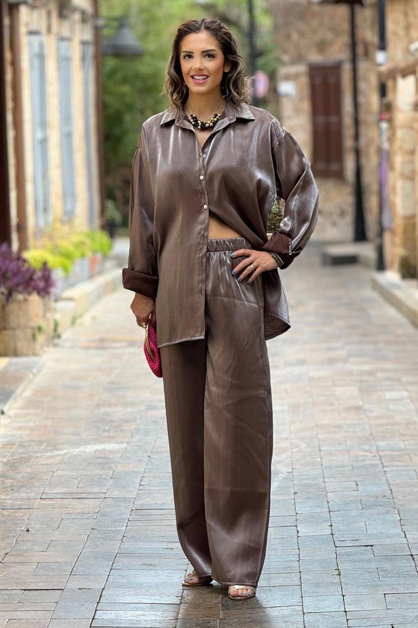 Kahverengi Mono Viskon Pantolon Tunik İkili Takım