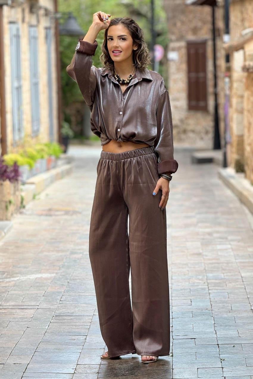 Kahverengi Mono Viskon Pantolon Tunik İkili Takım