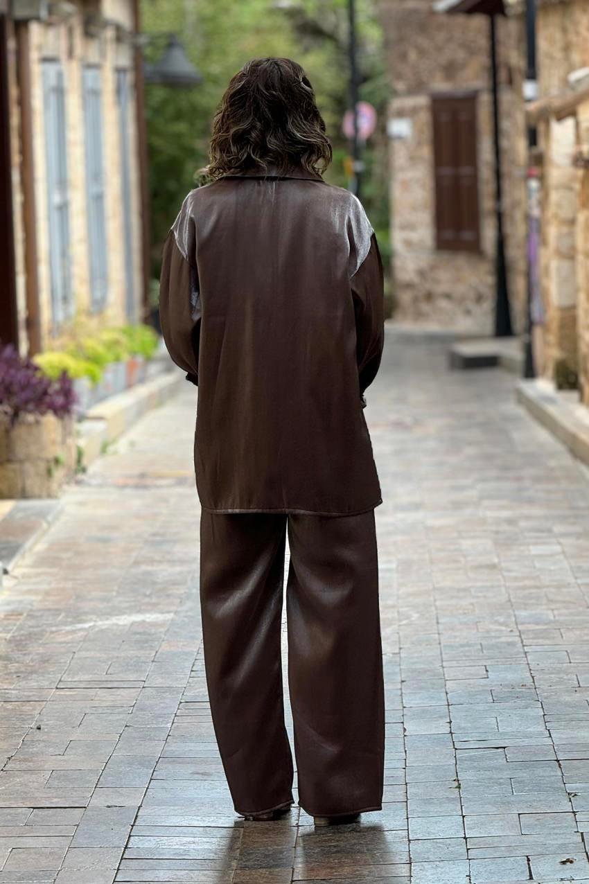 Kahverengi Mono Viskon Pantolon Tunik İkili Takım
