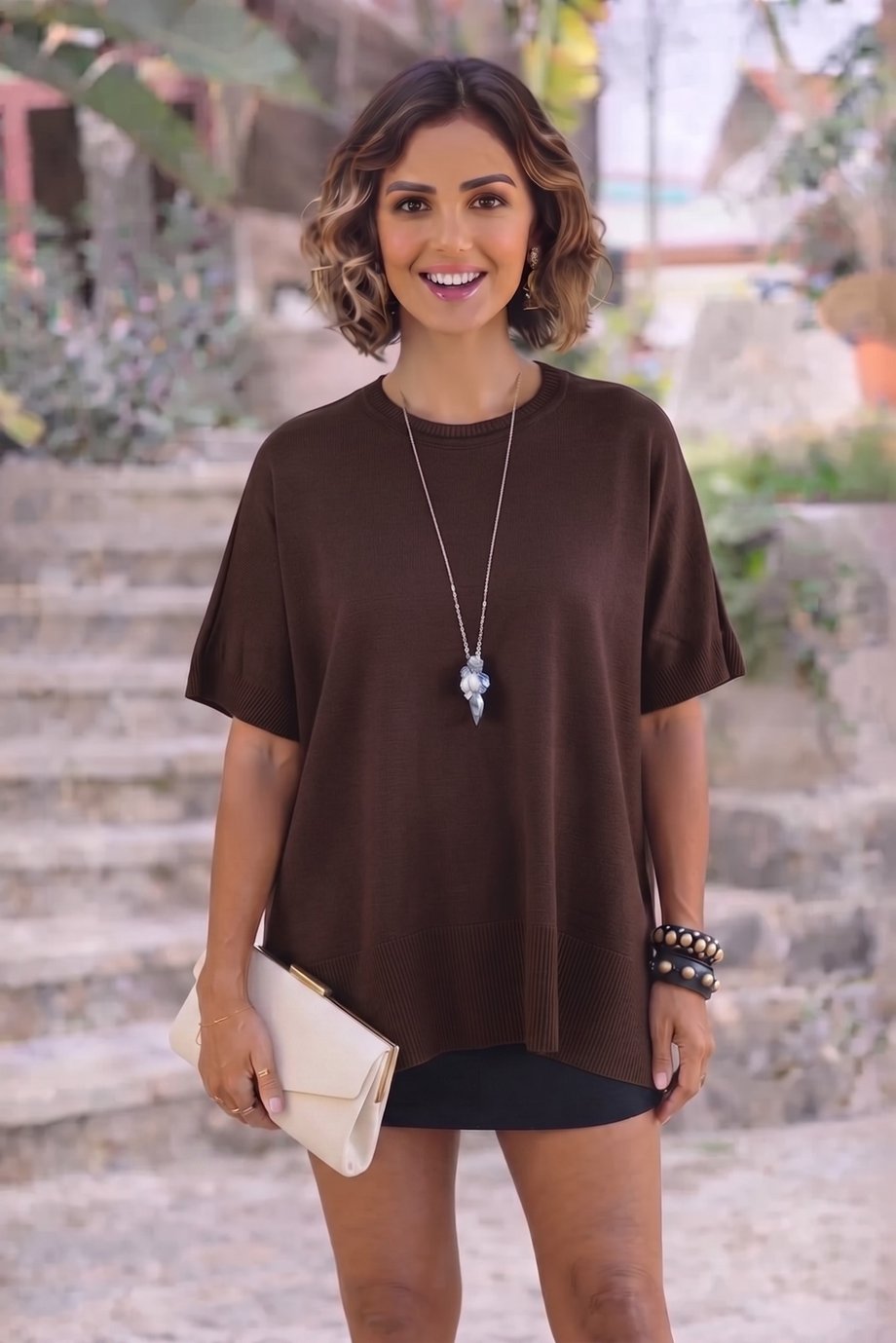 Kahverengi Oversize Triko Bluz