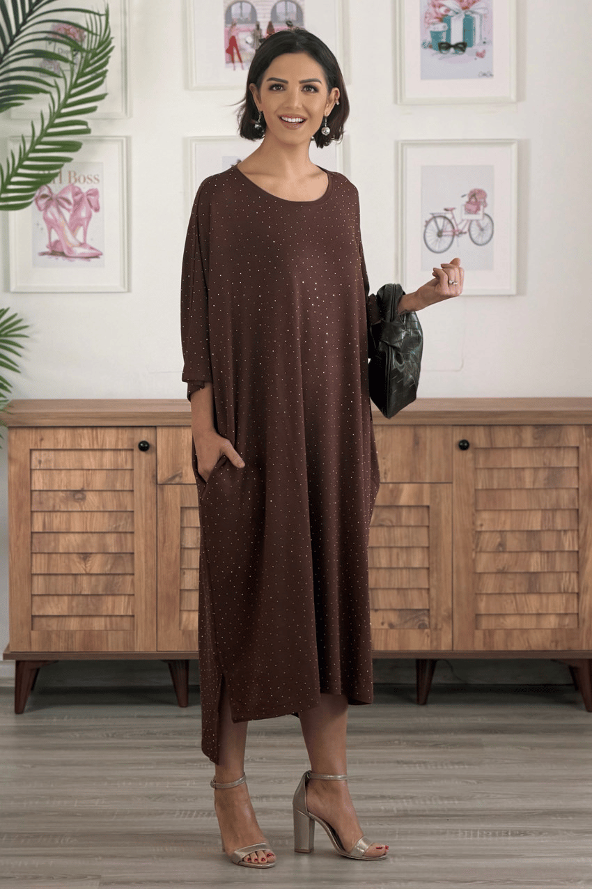 Kahverengi Serpme Taşlı Kristal Viskon Elbise