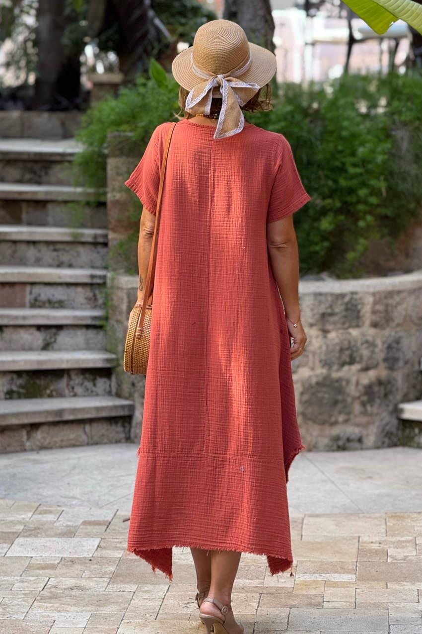 Kiremit Datça Müslin Kumaş %100 Pamuk Elbise