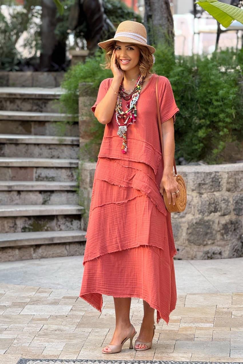 Kiremit Datça Müslin Kumaş %100 Pamuk Elbise