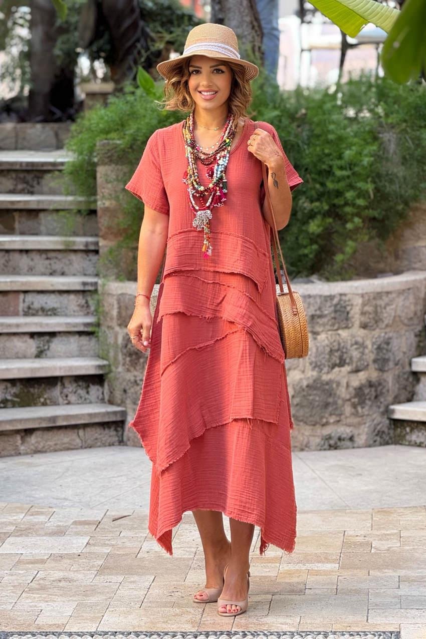 Kiremit Datça Müslin Kumaş %100 Pamuk Elbise