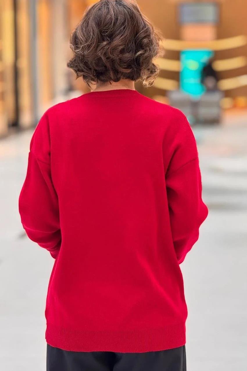 Kırmızı Çam Ağacı Nakışlı Kazak