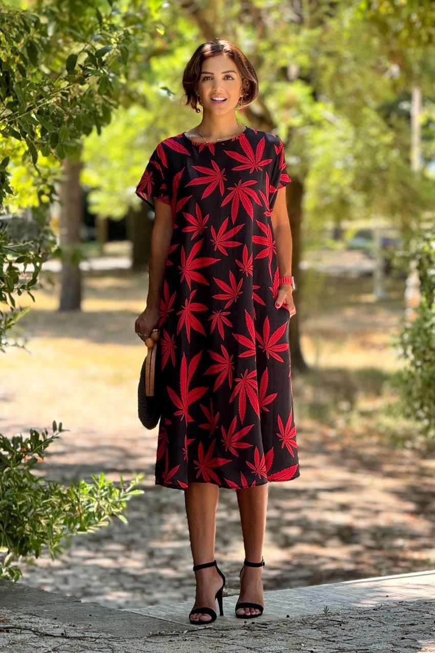 Kırmızı Jamaika Yaprak Desenli Elbise