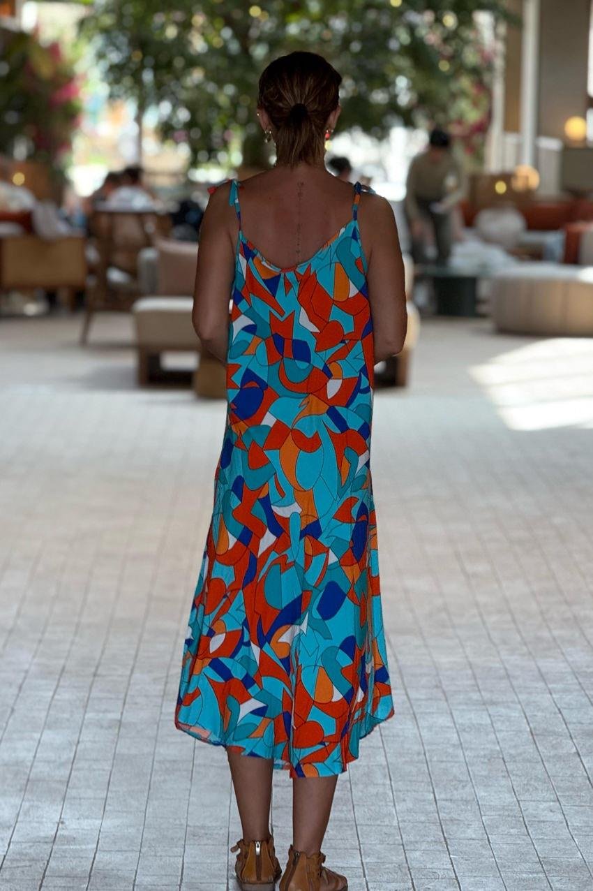 Kleopatra Desenli Omuzları Bağlamalı Yazlık Askılı Elbise