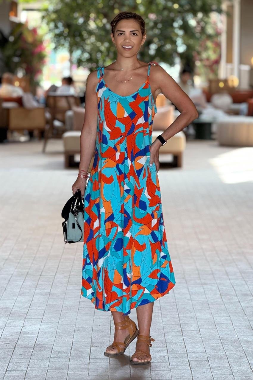 Kleopatra Desenli Omuzları Bağlamalı Yazlık Askılı Elbise