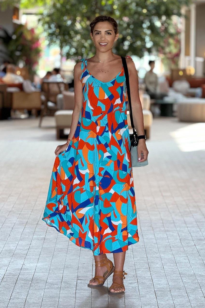 Kleopatra Desenli Omuzları Bağlamalı Yazlık Askılı Elbise