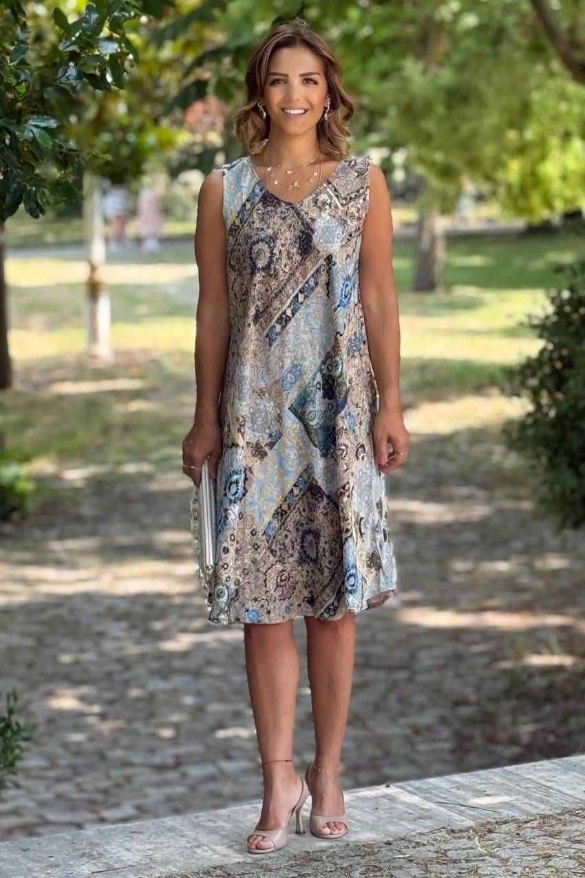 Kolsuz Taş Rengi Amber Desenli Pamuklu Elbise