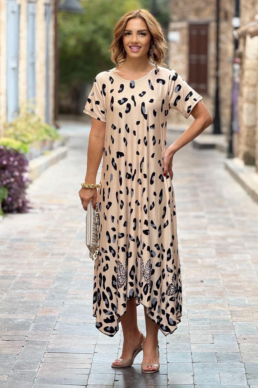 Krem Dalmaçyalı Desen Verev Kesim Elbise